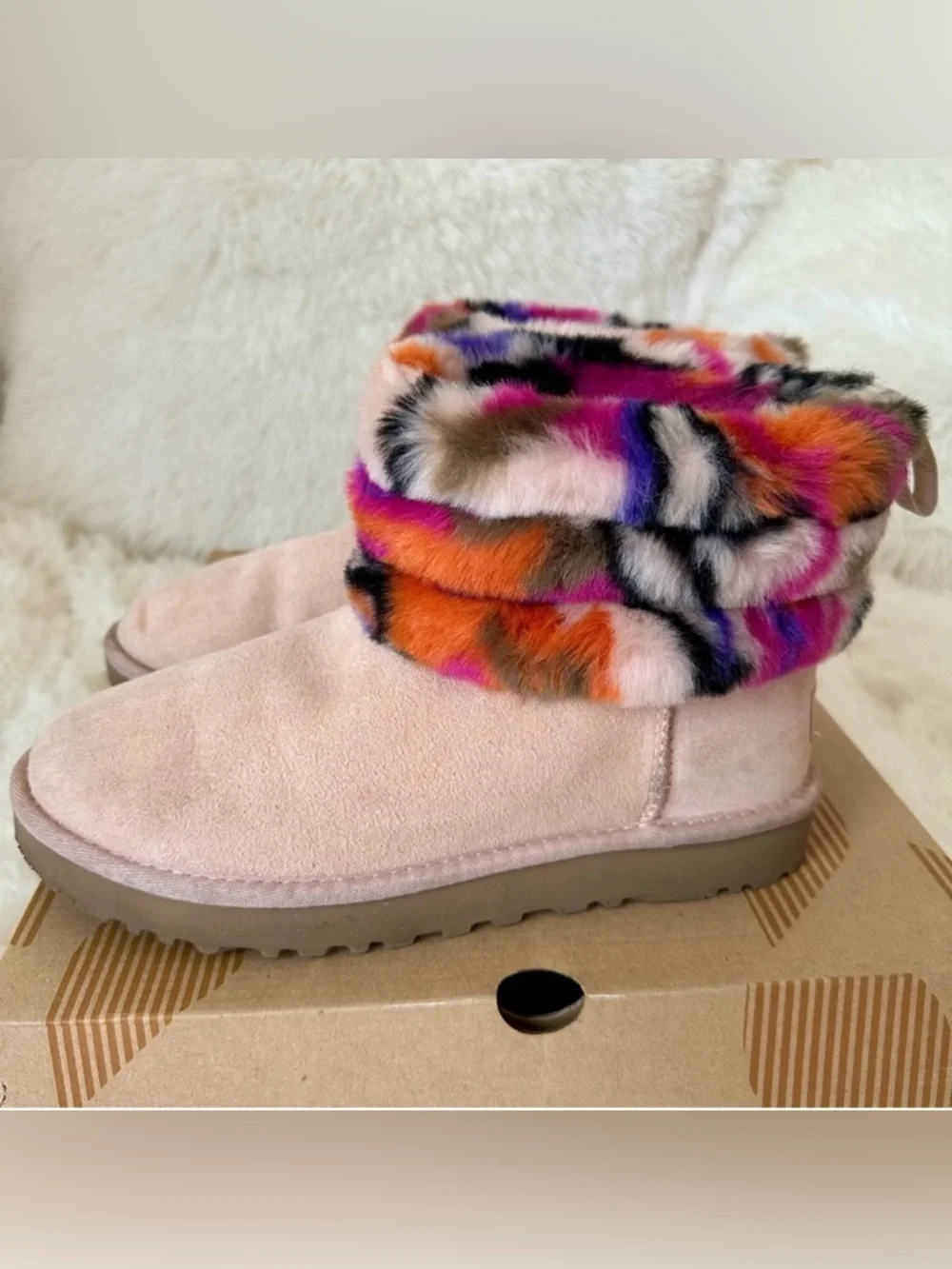 UGG Fluff Mini Quilted Motlee Pink Suede Multicolor Fur Cuff Ankle Boots Size 7